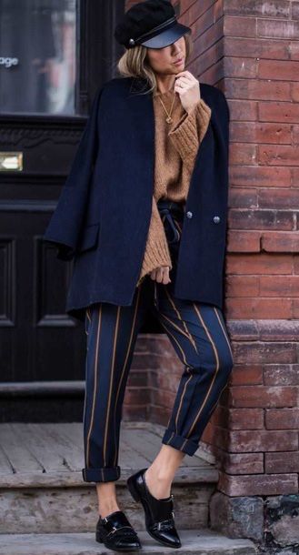 ZARA Calças Navy às riscas