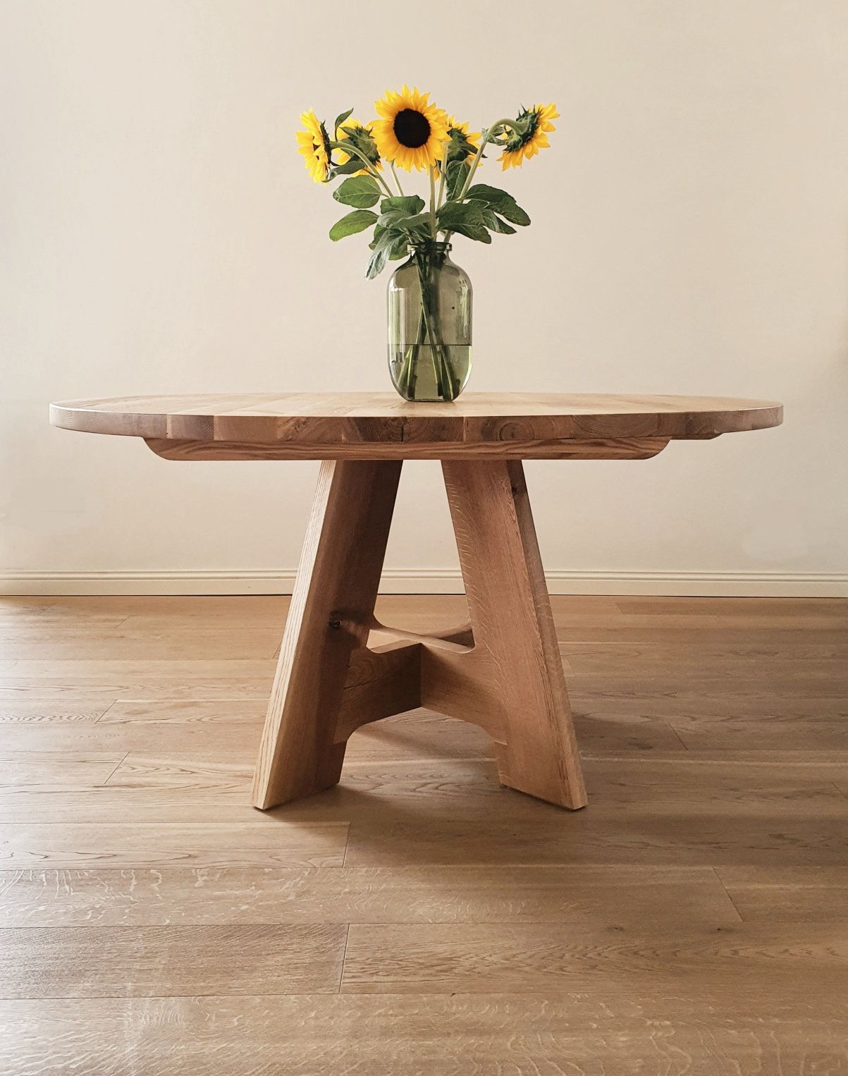 Designerski duży okrągły dębowy stół 150 cm. Lity dąb. Farmhouse, boho