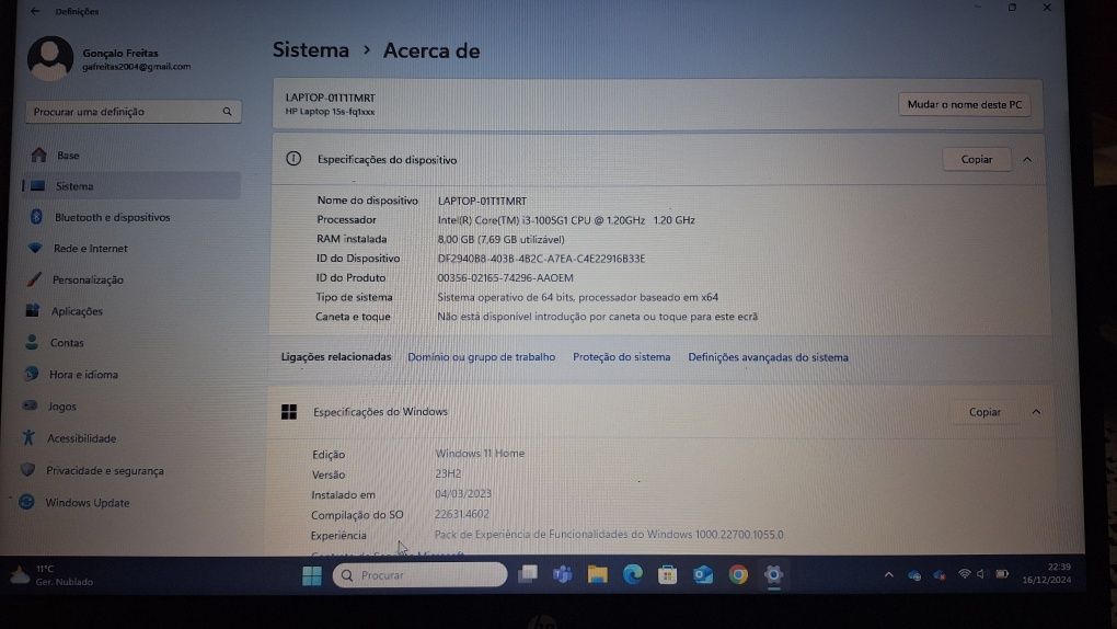 Portátil HP I3 15" 8GB 256GB
