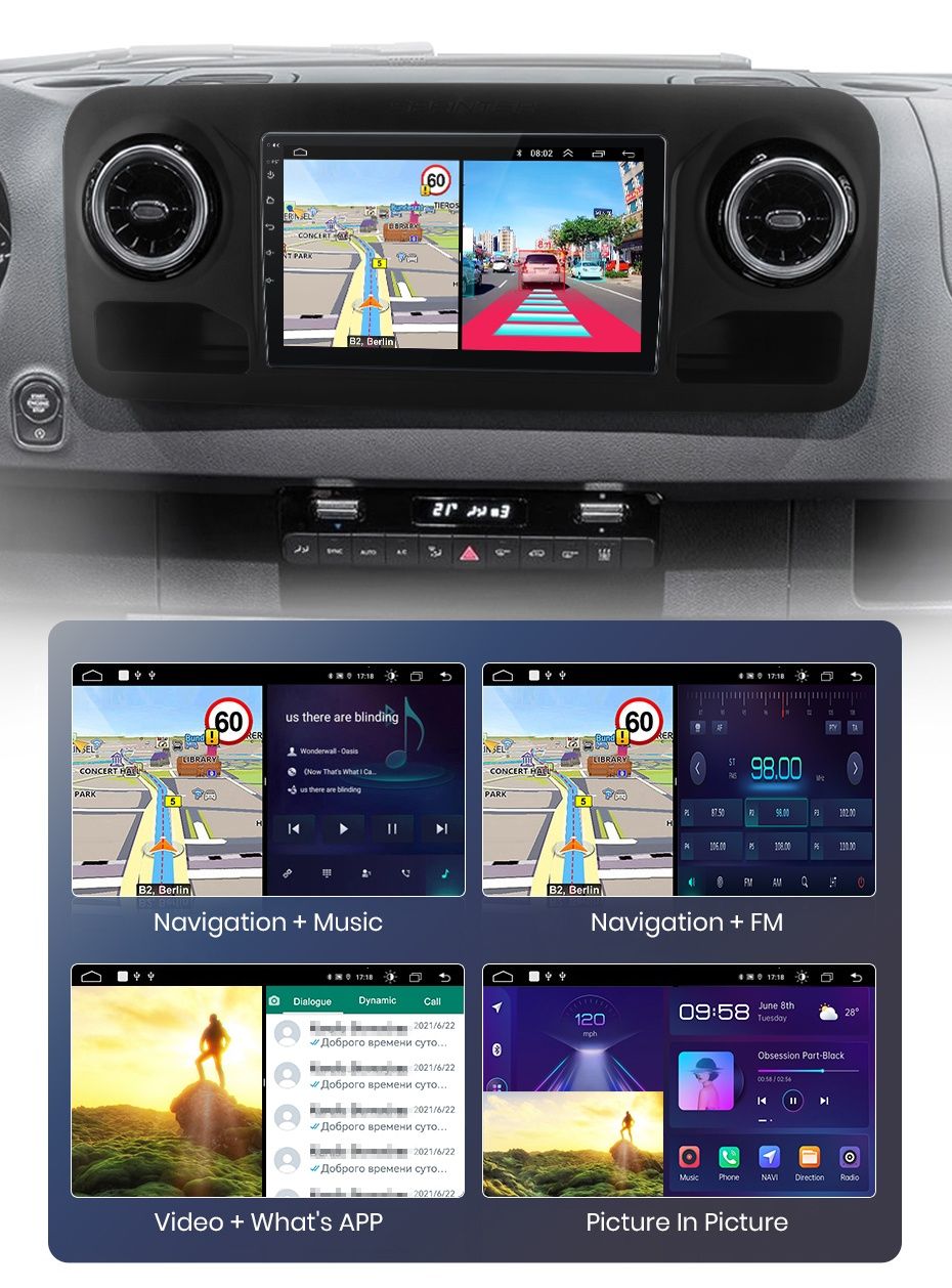 Rádio Android 10" Mercedes Sprinter 2018-25 CarPlay/Auto GPS 2/32GB