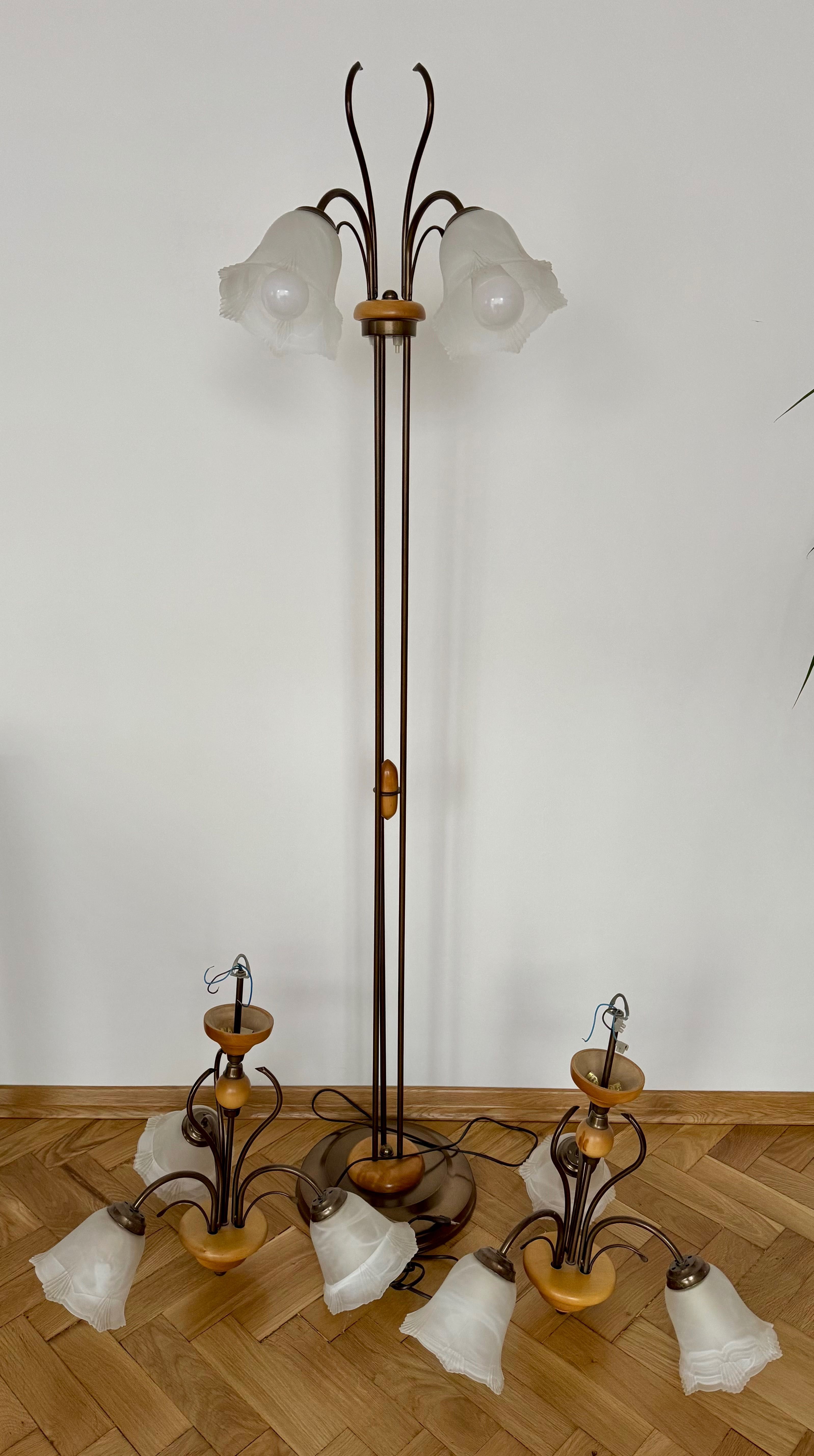 Ozdobne lampy sufitowe + lampa podłogowa drewno i szkło