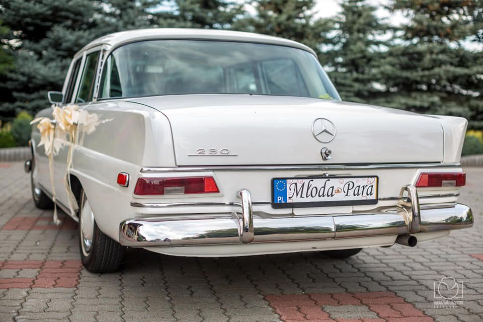 Biały Mercedes W110 do ślubu, retro , Klasyk samochód do ślubu