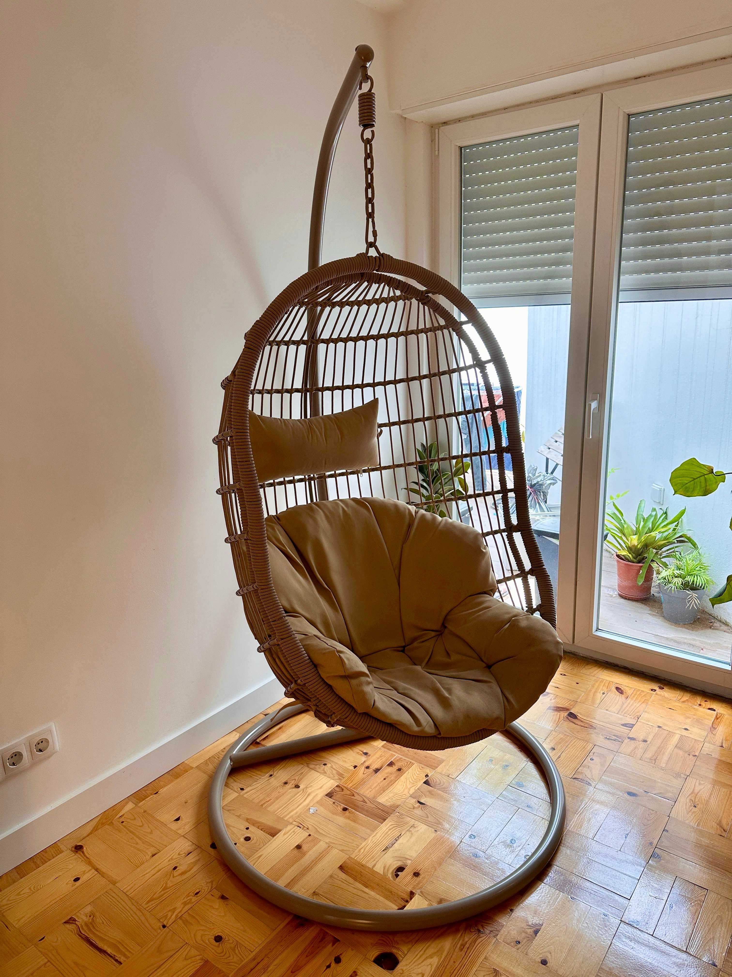 Hanging swing chair with beige/brown structure & cushions