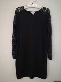 Czarna, ciążowa, elegancka sukienka, koronkowe rekawy H&M MAMA, r. L