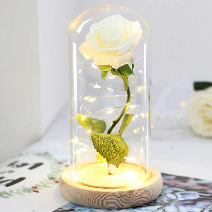 Biała Piękna Wieczna Sztuczna Róża w Szkle Piękny Prezent Urodziny