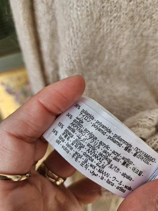 Jesienny Zara Krótki Kardigan damski S Beż Alpaka Wełna Sweter Fluffy