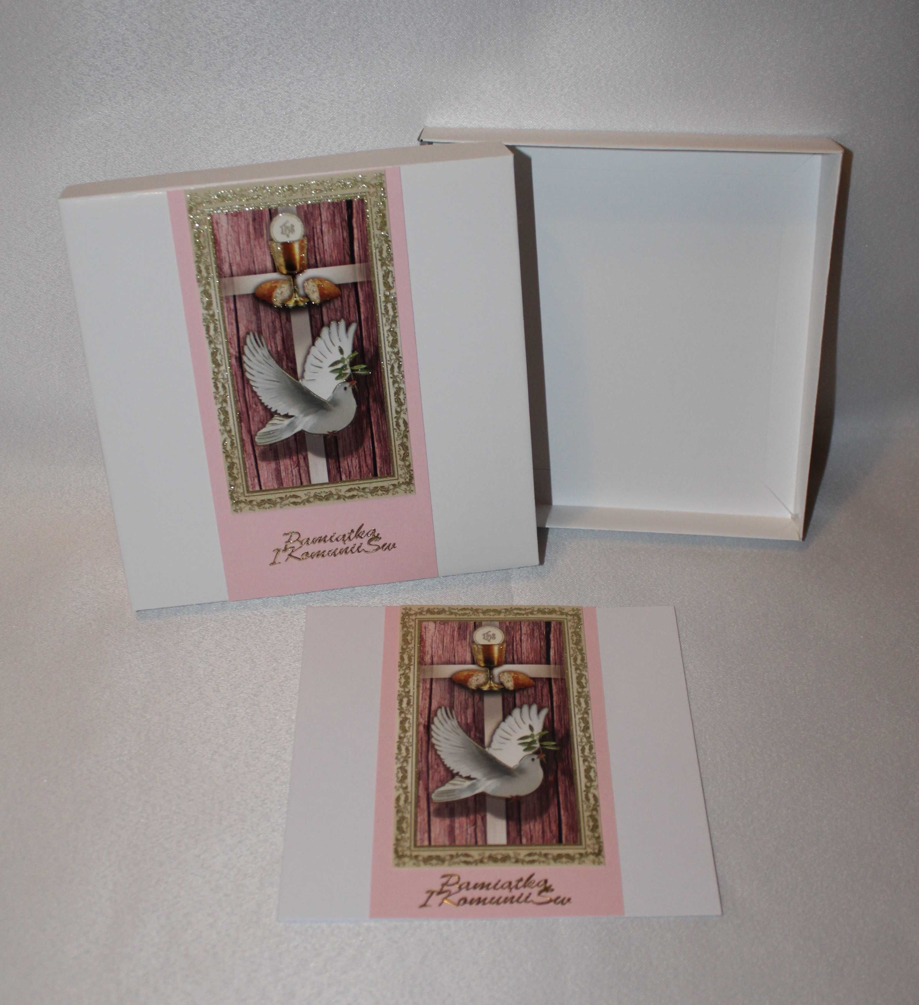 Kartka w pudełku na Pierwsza Komunia Święta biała różowa gołąbek