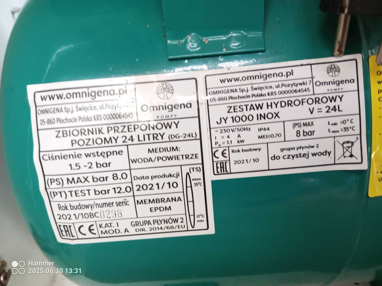 Zestaw hydroforowy,Pompa wody , hydrofor, zbiornik