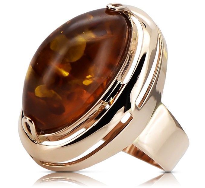 Pierścionek z różowego czerwonego 14k 585 złota z bursztynem vrab004 G