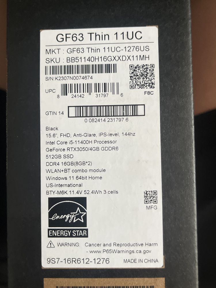 Игровой ноутбук MSI GF63 Thin 11cc