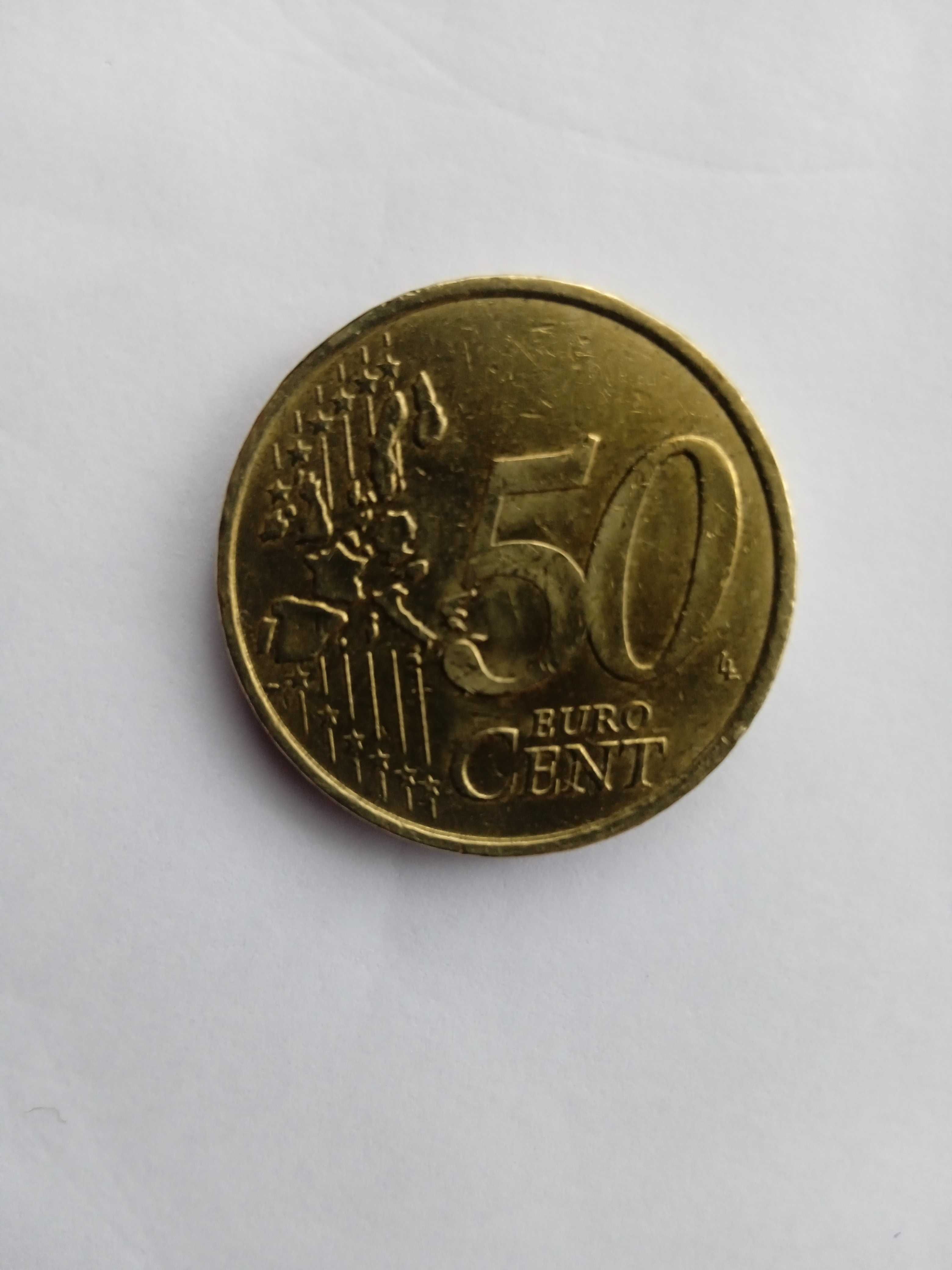 Moeda de 50 cêntimos, Grécia, com letra "F" numa estrela, 2002