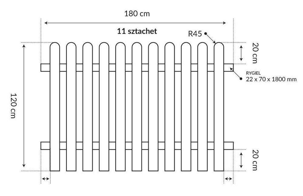 Płot sztachetowy 180x120cm grubość 44mm drewniany impregnowany Premium