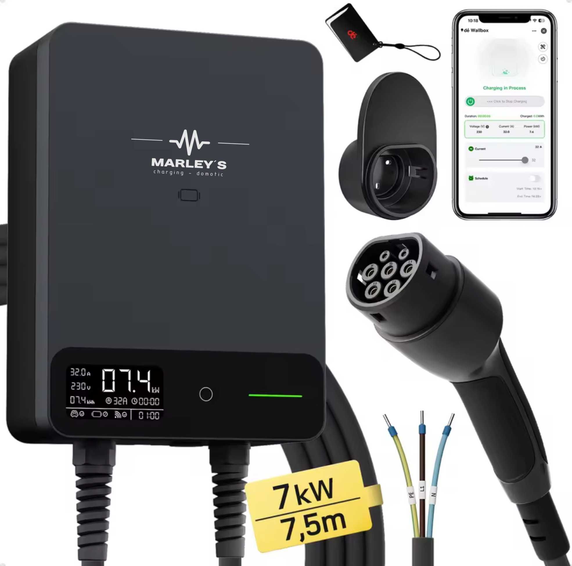 Wallbox Carregador Parede - 7 kw - C/ APP e Cartões - 7,5 metros Cabo