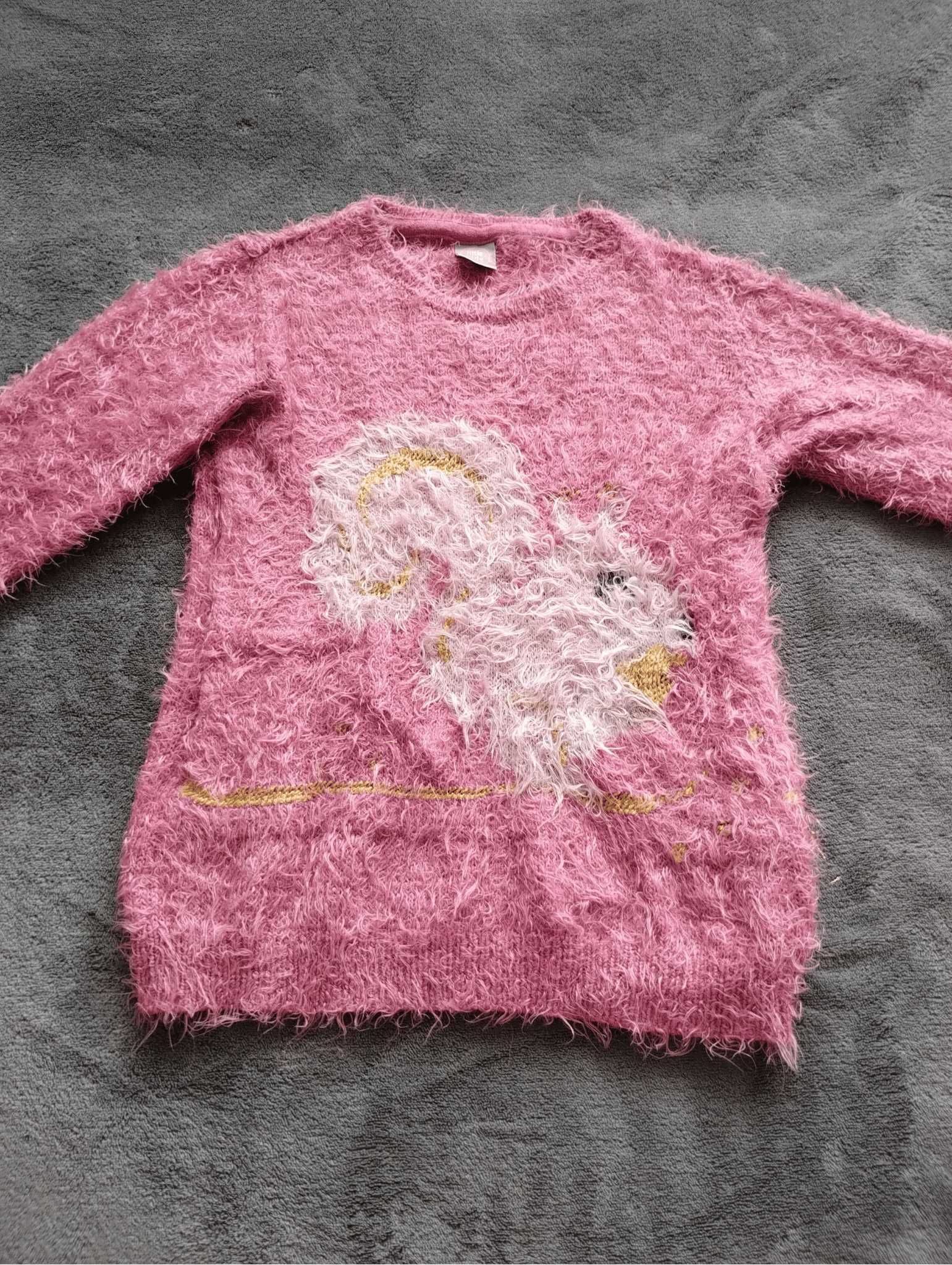 Różowy, włochaty sweter z długim rękawem, little kids, roz. 128 cm