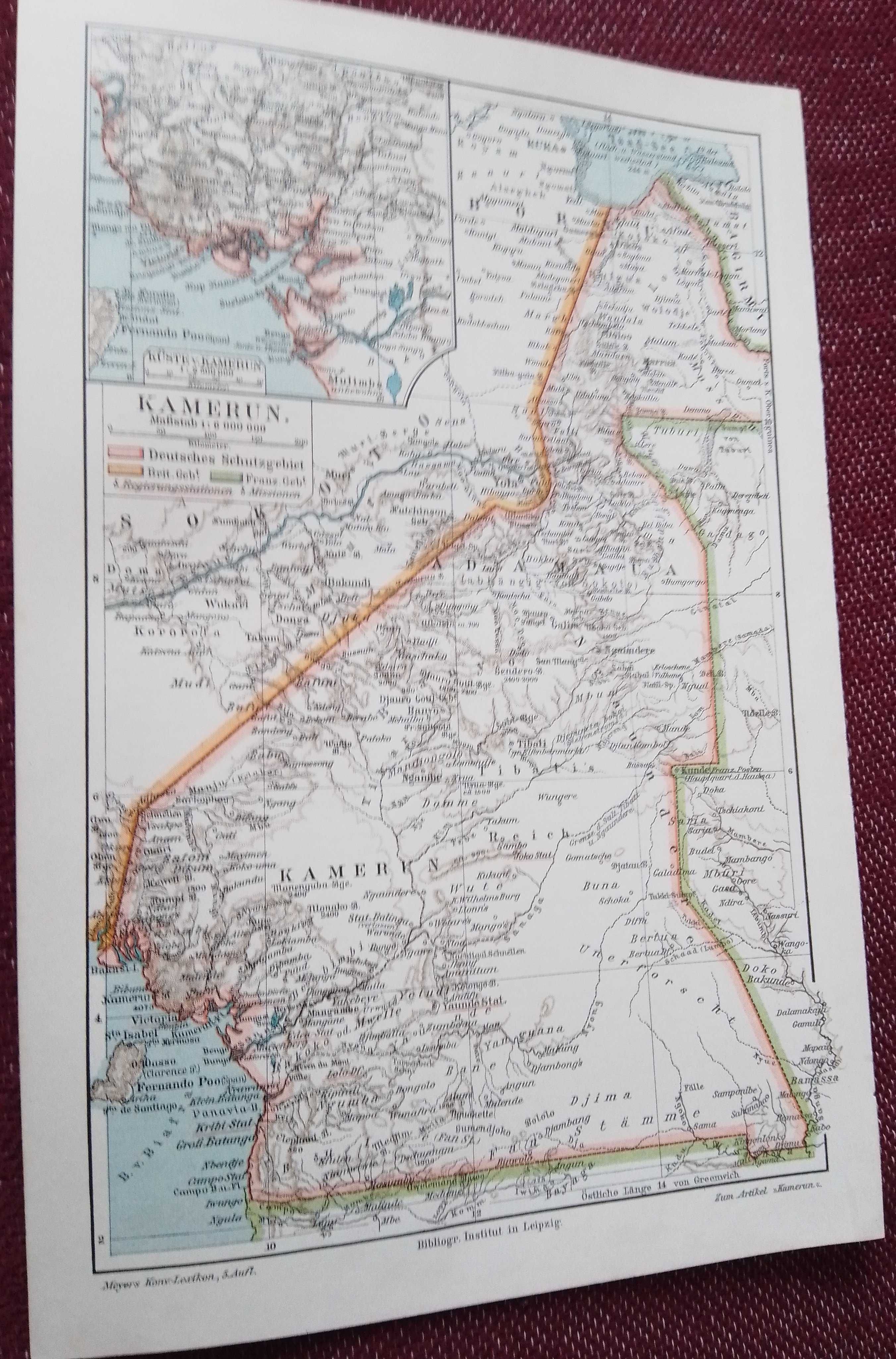 Kamerun   oryginalna, stara XIX w. mapa