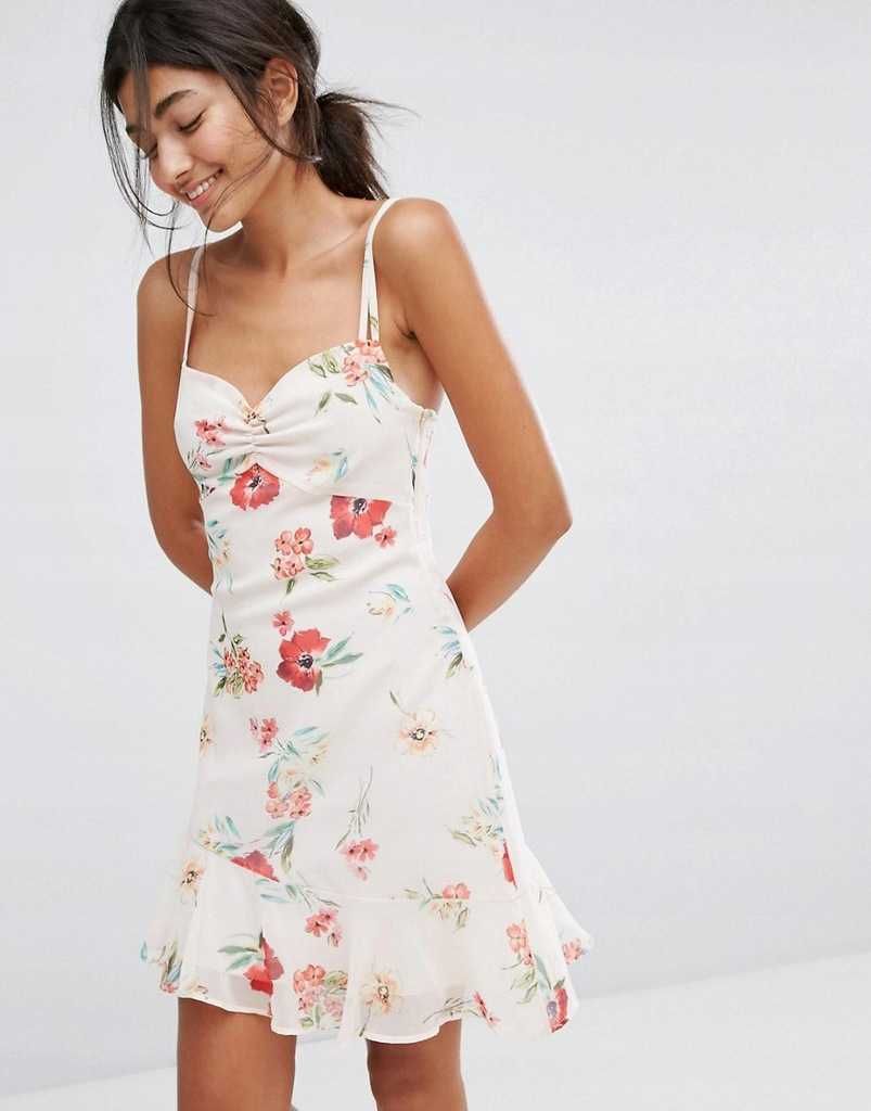 Bershka pudrowa sukienka w kwiaty asymetryczna krótka dopasowana 40 L