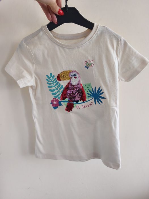 Nowa bluzka koszulka t-shirt papuga mieniące cekiny r.116-122 Sinsay