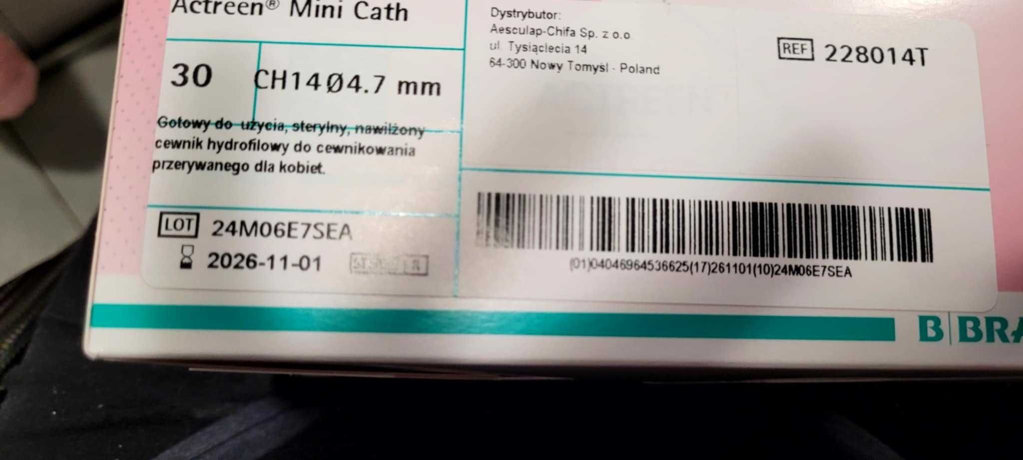 Cewnik hydrofilowy BBraun Actreen Mini dla kobiet CH14-posiadam 20 op.