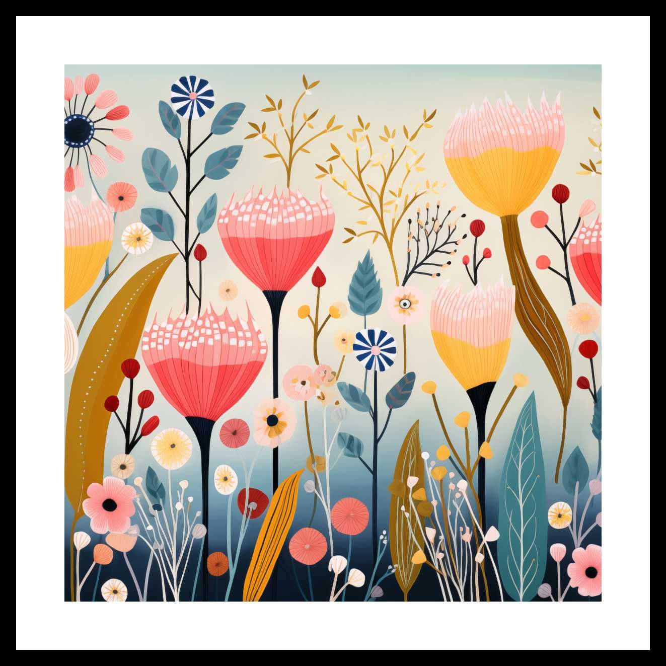 Plakat 50x50cm Ogród Marzeń | Kwiaty Łąka Mak Boho Botanika Natura