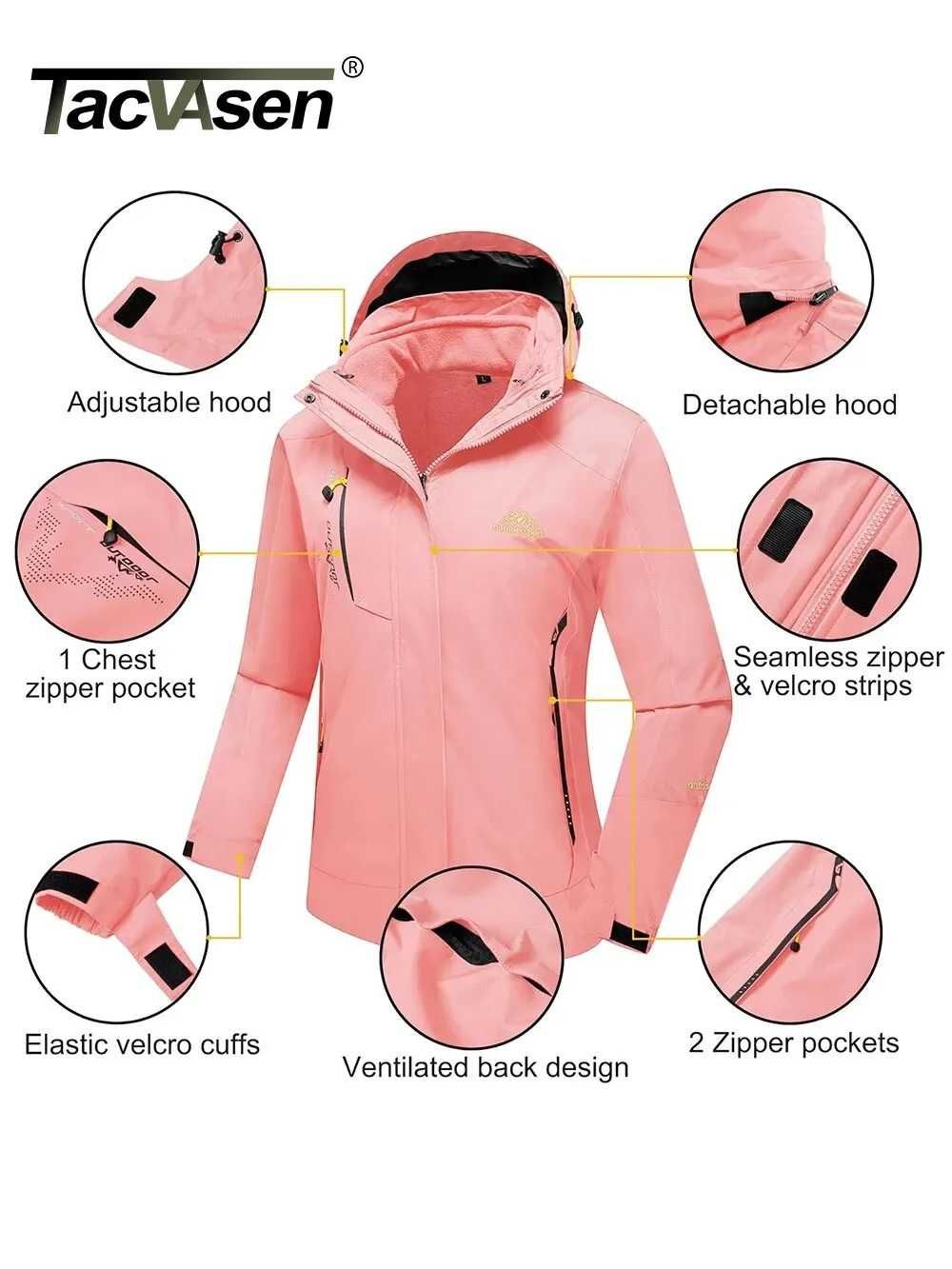Новая лыжная женская куртка с капюшоном и флисовым подкладом (3 в 1).
