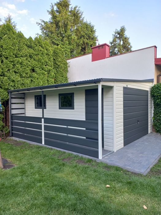 Garaż blaszany blaszak nowoczesny wygląd drewnopodobny