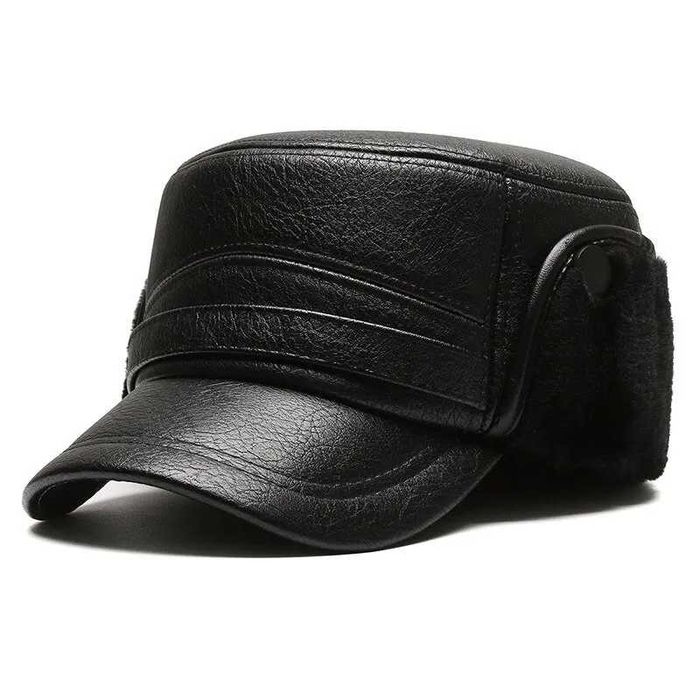Ciepła Czapka Męska Skórzana .
