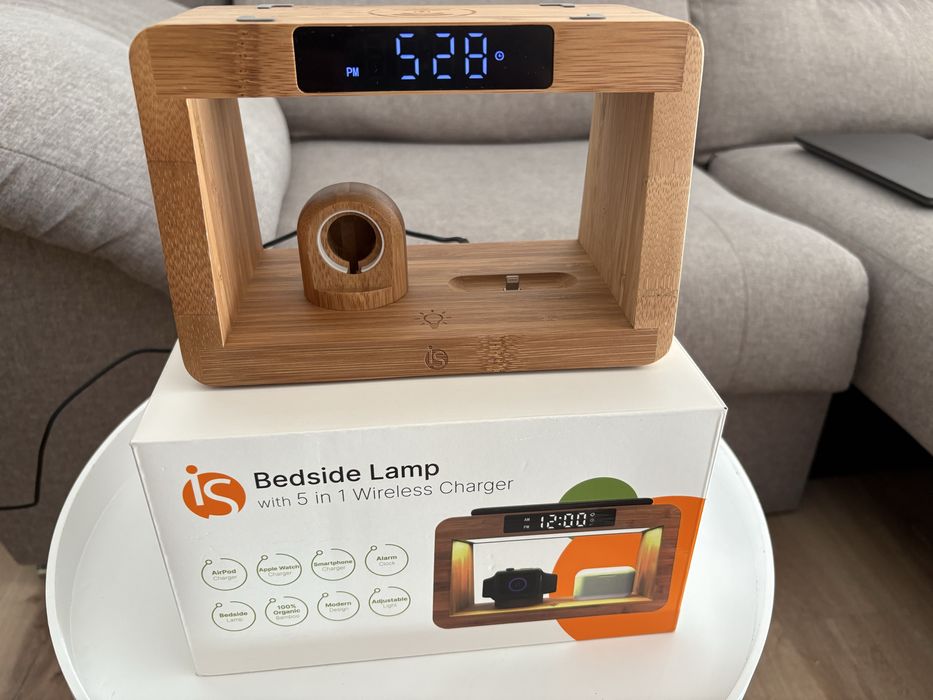 Candeeiro c/ carregador wireless bamboo 5 em 1
