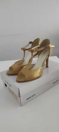 Złote skórzane włoskie szpilki sandały Karollo Violli 38