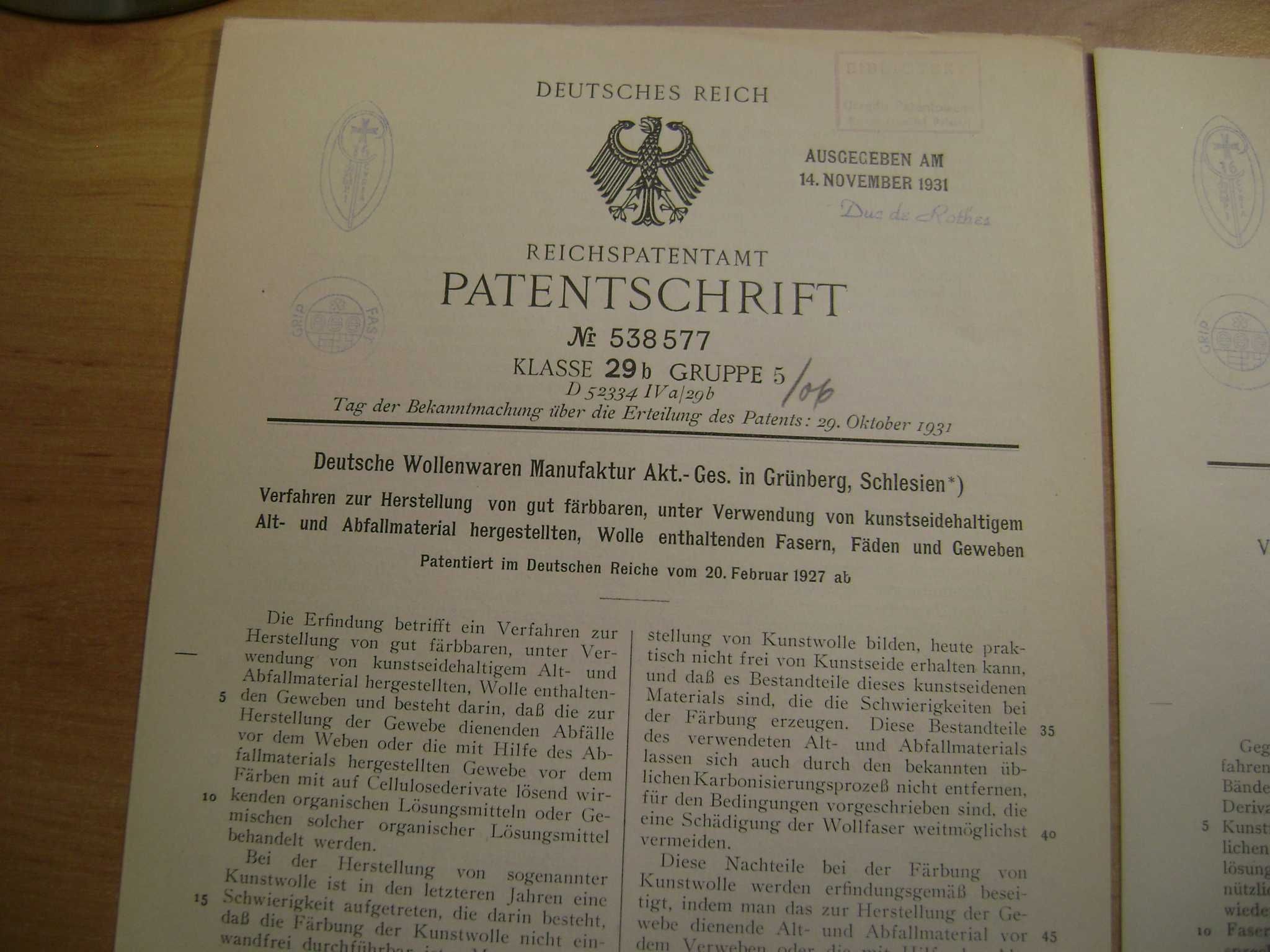 Starocie z PRL - Militaria = Patent niemiecki = Zestaw 2 oryginały