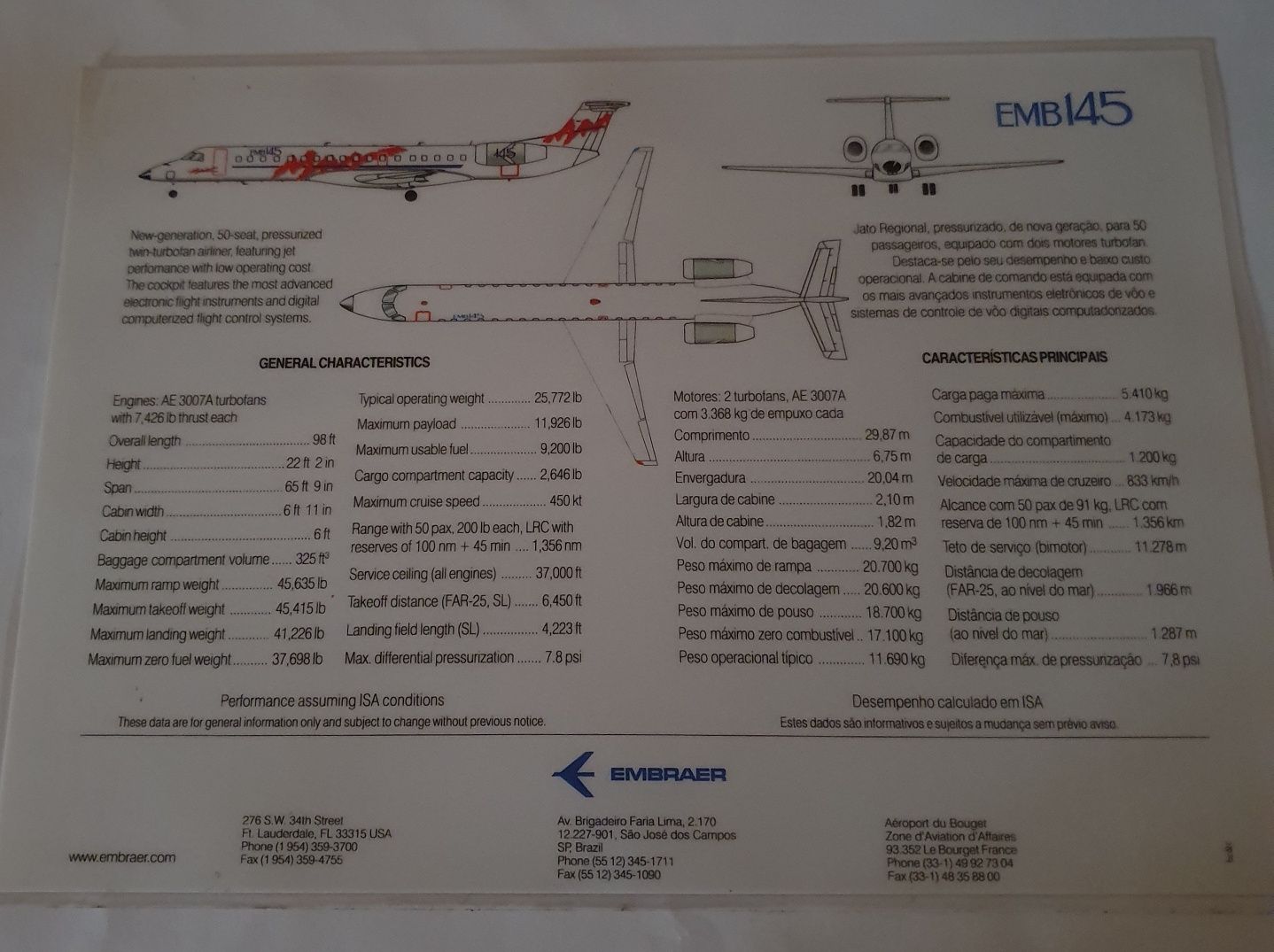 Samolot Embraer 145, EMB145, charakterystyka, karta laminowana