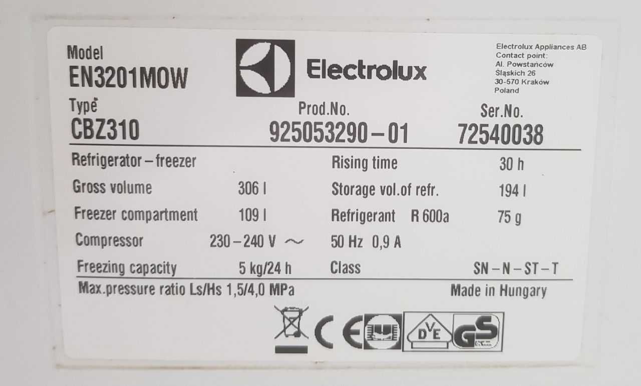 Холодильник Electrolux EN3201MOW 303 л (175см) з Європи