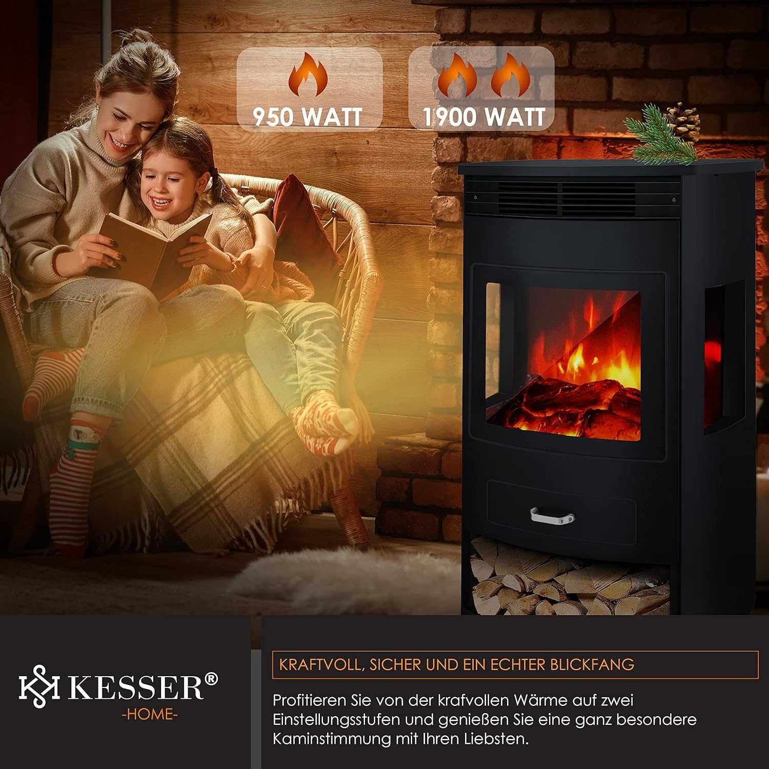 Kominek elektryczny Kesser Stojący z funkcją grzania 1900W Czarny Wifi