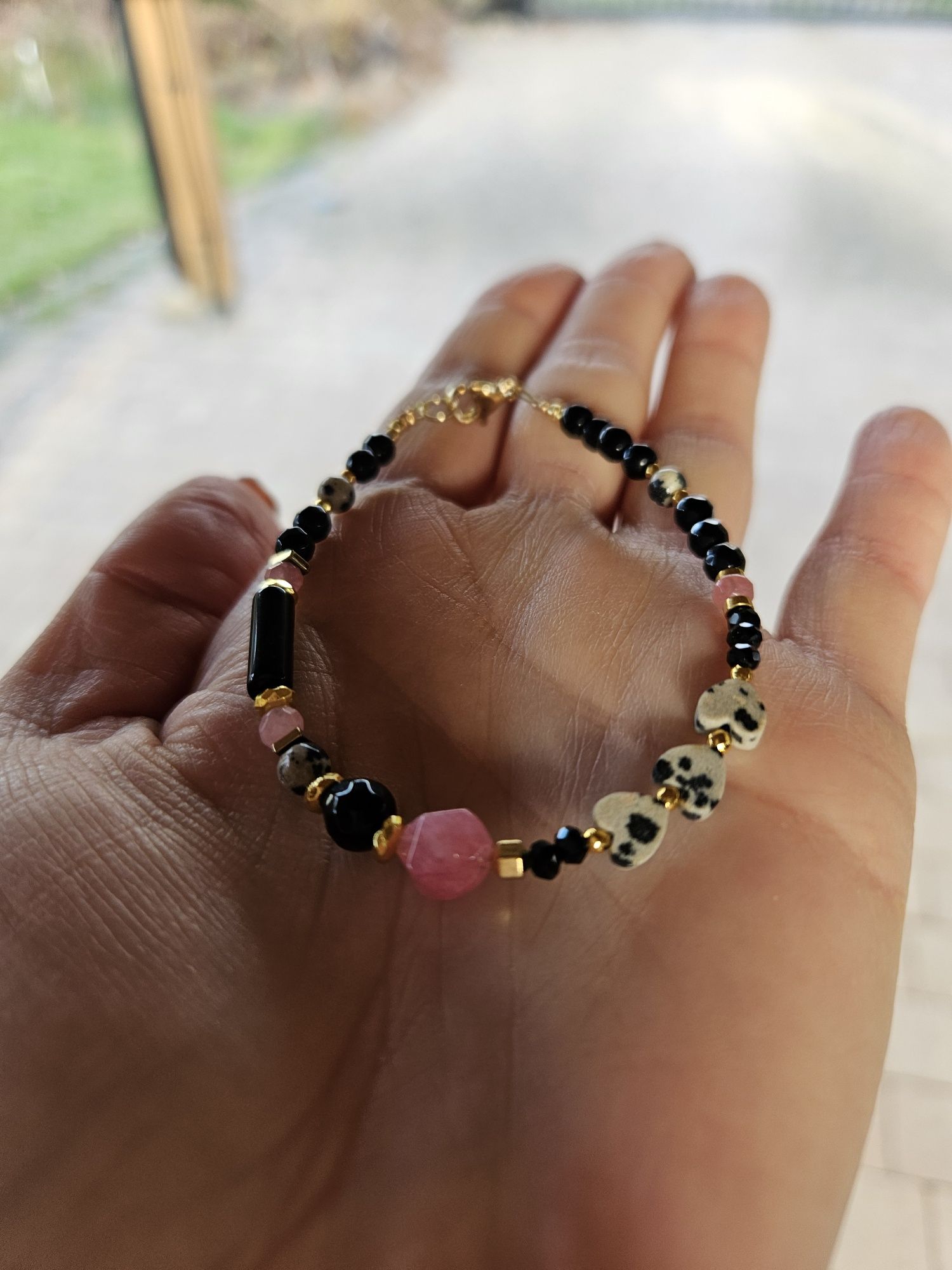 Bransoletka kamienie naturalne Jadeit Jaspis Dalmatyński Onyks Hematyt
