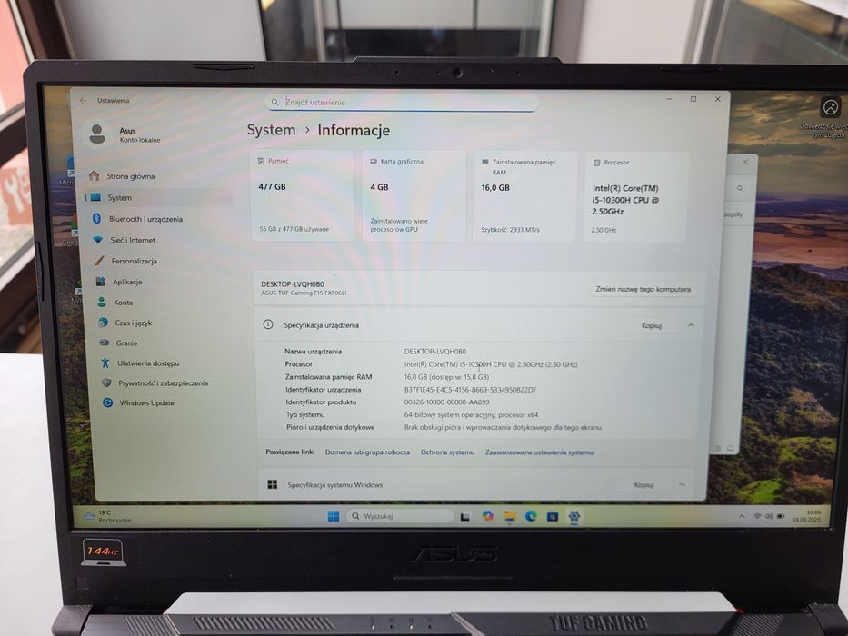 Laptop do GIER Asus Tuf i5-10300h 16Gb 500Gb GtX 1650ti 4Gb Win 11