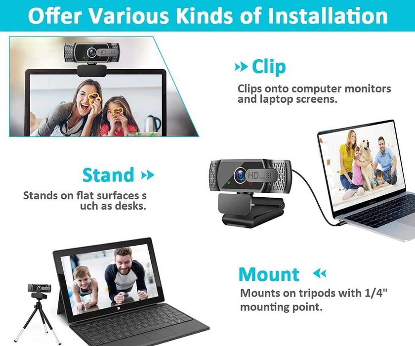 Kamera internetowa HD1080P z mikrofonem, automatyczna korekcja światła