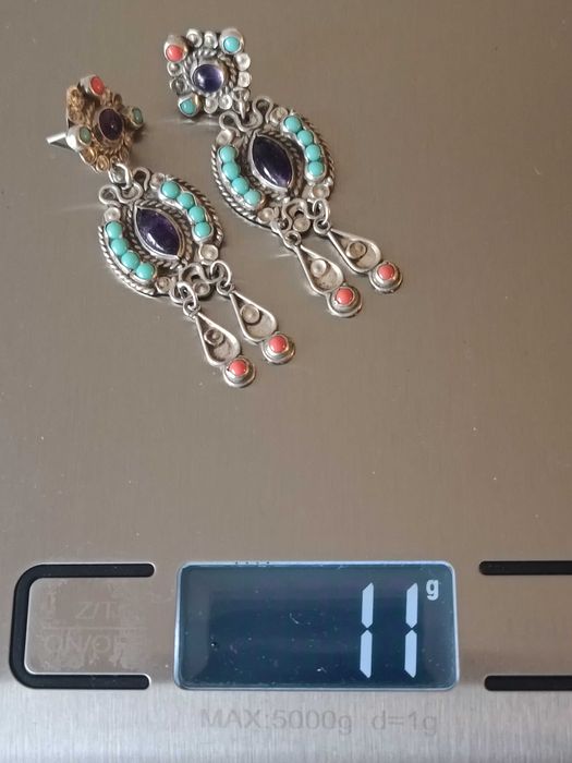 Серьги шикарные. Натуральные аметисты,бирюза ,кораллы. Антик.Мексика