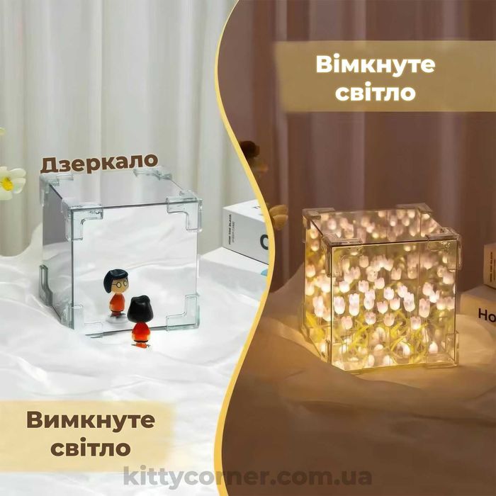 ЗІБРАНИЙ нічник тюльпани в прозорому/дзеркальному кубі фіолетовий