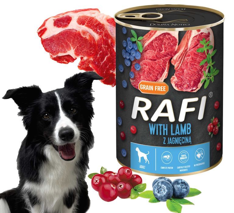 Karma Mokra Dla Psów RAFI z Jagnięciną, Borówką i Żurawiną 400g-48 szt