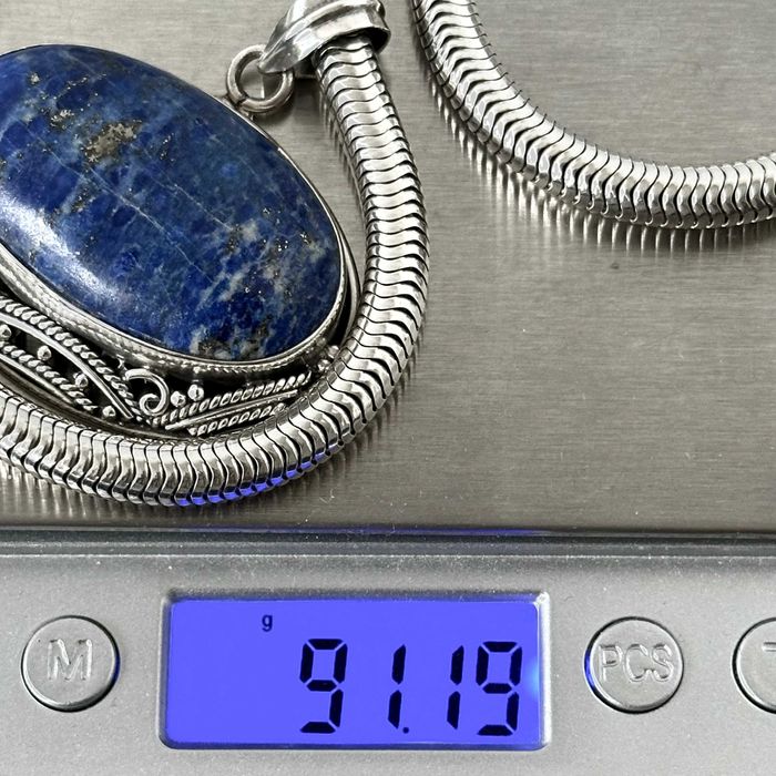 Srebrny artystyczny naszyjnik z Lapis lazuli ręcznie wykonany próba925