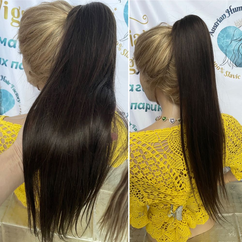 Натуральный хвост шиньон славянские детские темно русые волосы 60 см