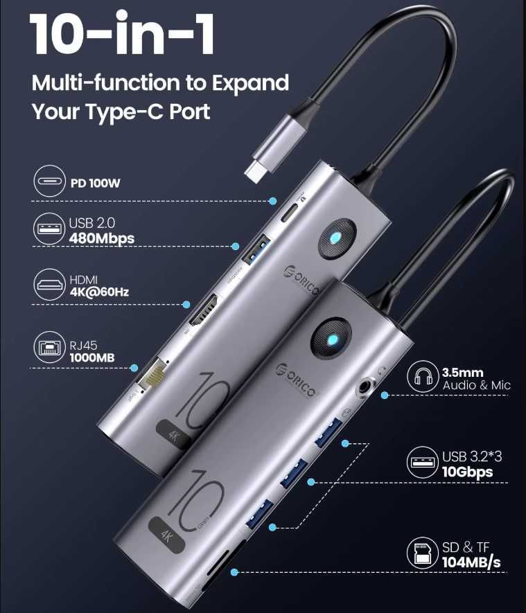ORICO usb hub 10 in 1 HDMI 4K 60Hz, PD 100W, RJ45, SD/TF, USB-A