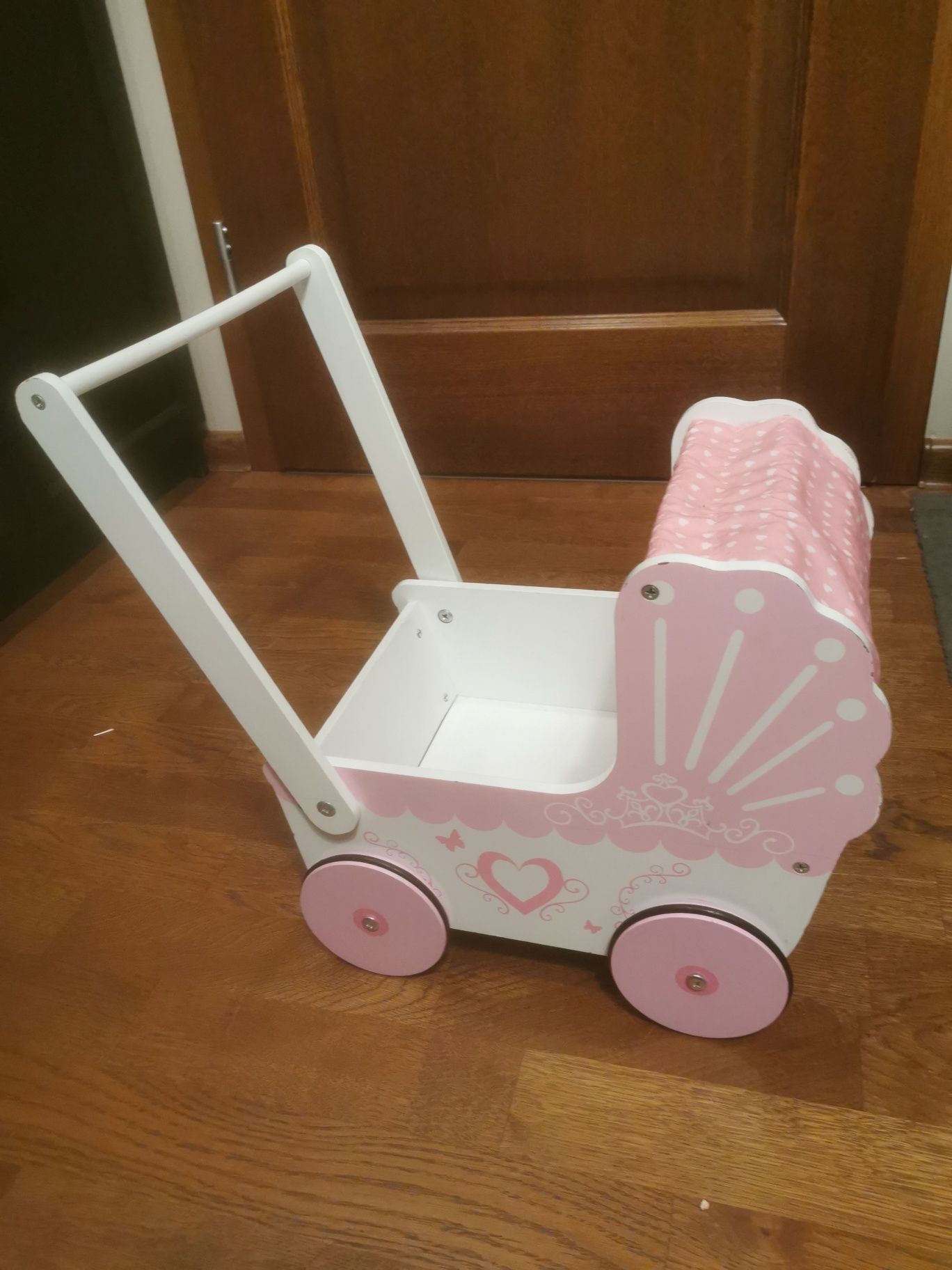 Wózek dla lalek, różowy, drewniany
