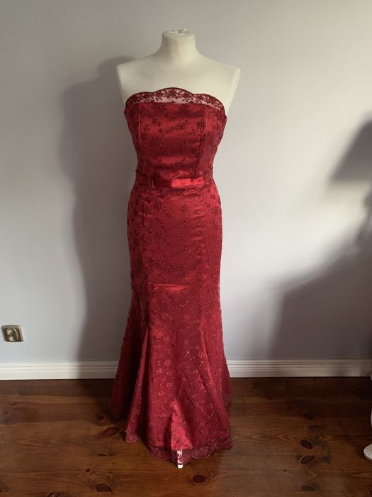 Suknia wieczorowa DE FACTO r. XS/S, długa, czerwona, sukienka, wesele