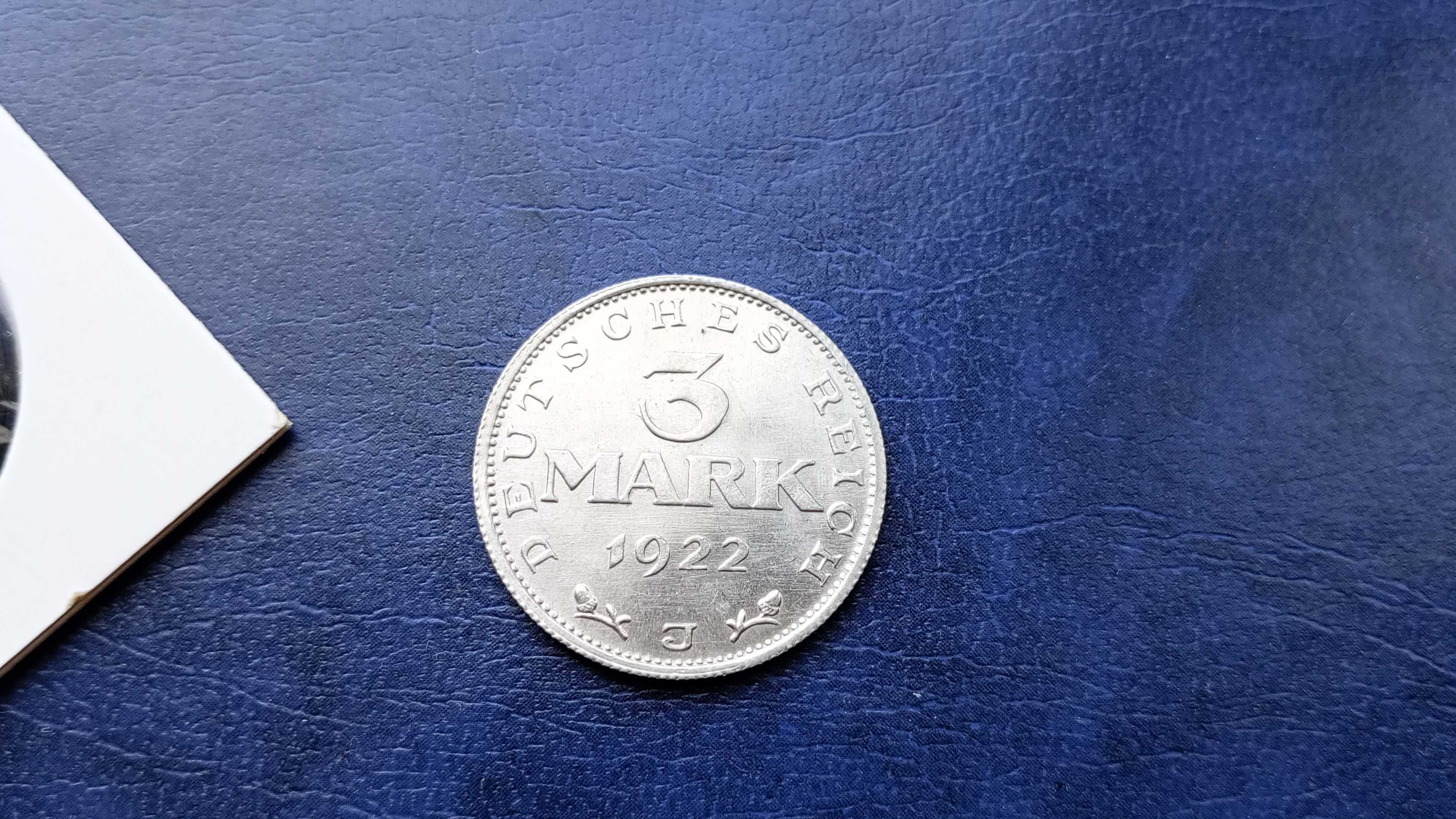 Stare monety 3 marki 1922 J  Niemcy stan menniczy