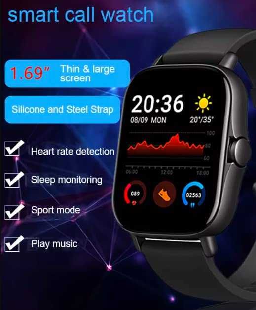 Foxne point SMARTWATCH ekran 1.69'’ tętno SpO2 zegarek budzik czarny