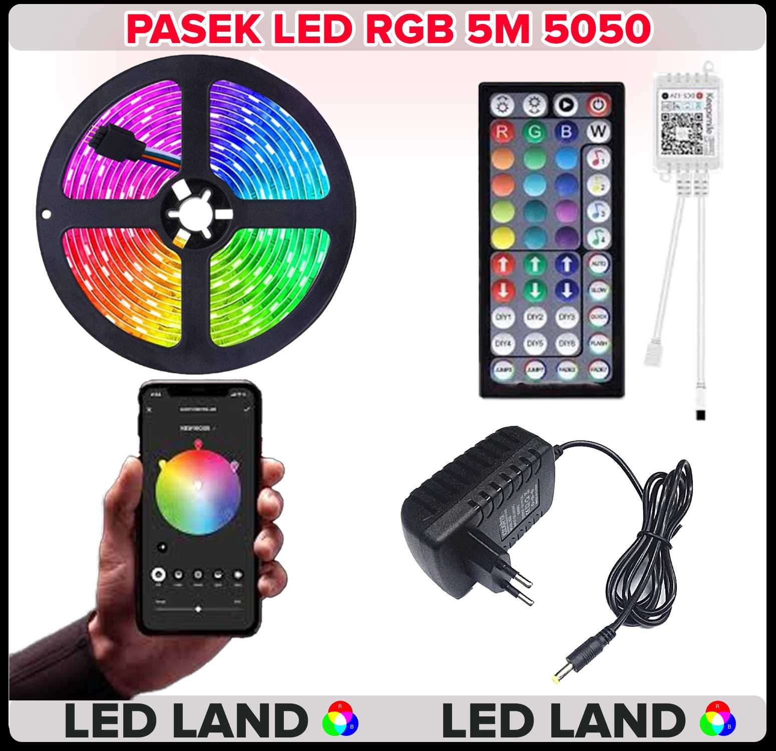 Pasek LED 5M RGB 5050 Sterowanie APLIKACJĄ I PILOTEM 12V