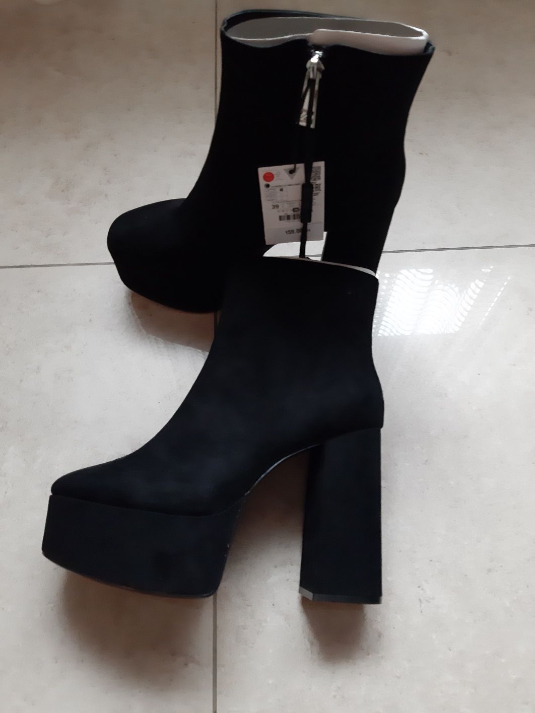 Buty kozaki botki Zara Woman 39 obcas słupek imitacja zamsz czarne mus