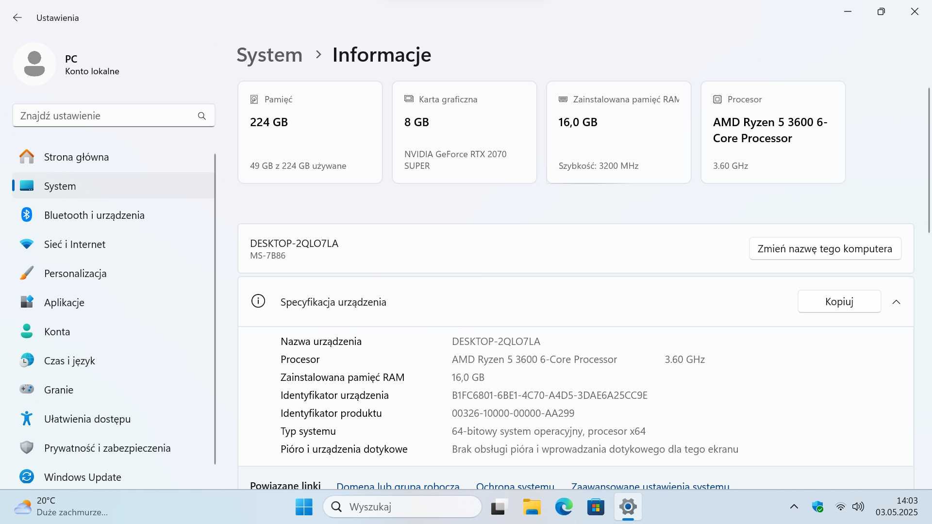 Komputer AMD Ryzen 5 3600 / RTX 2070 SUPER 8 GB / 16 GB RAM