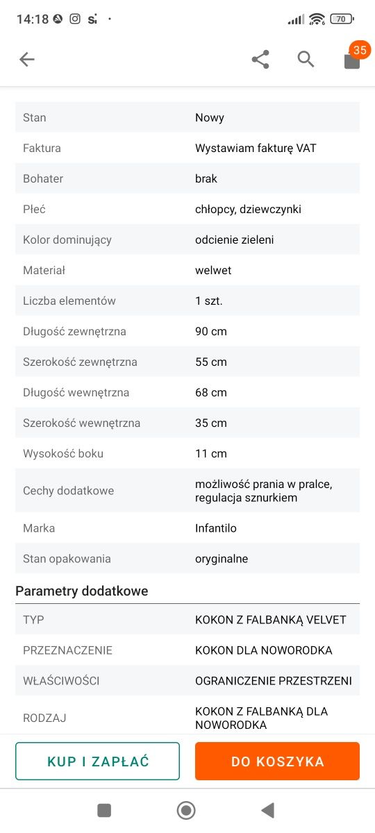 Kokon niemowlęcy welwet ze ściągaczem rozkładany Infantilo