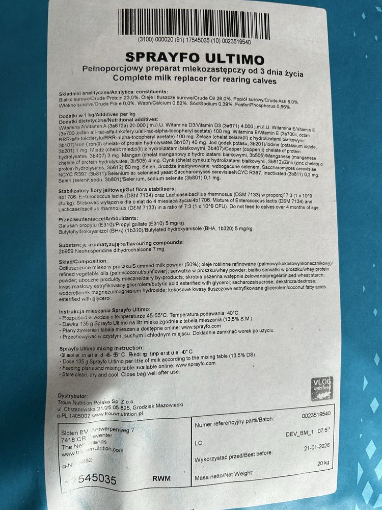 Sprayfo Ultimo mleko dla cieląt, 1 gratis do 20szt.